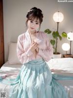 A woman in a pink and blue dress sitting on a bed.