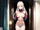 Anime girl with long white hair and big tits posing in a room.